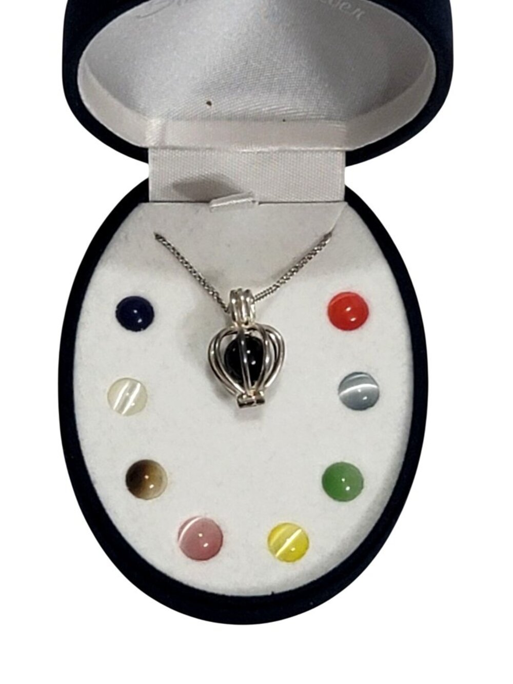 Silver Tone Cage Pendant Necklace With Changeable Stones & Chain Set